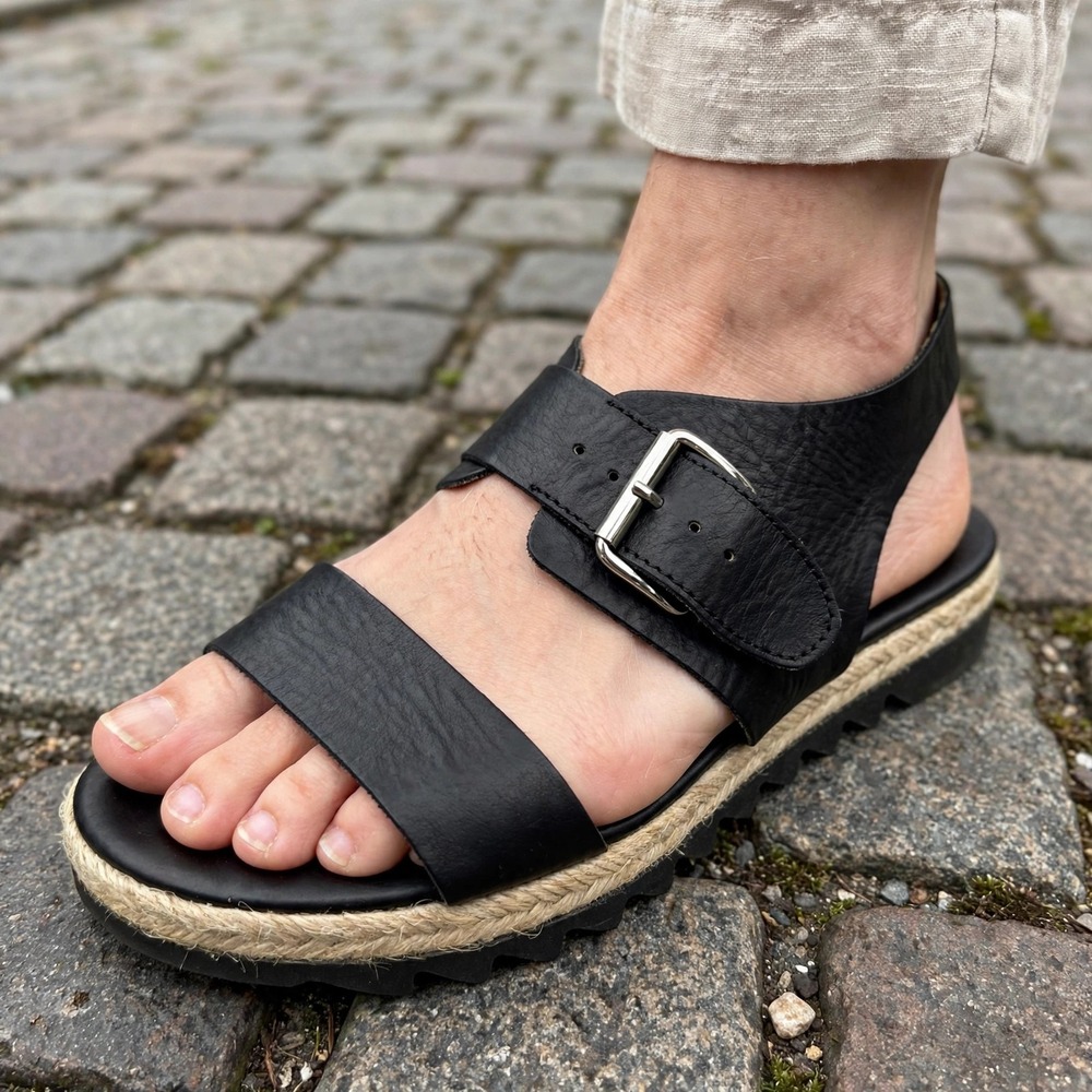 AGL Casual Buckle Up Sandal Womens 8 Black Leather Espadrille Platform Jute